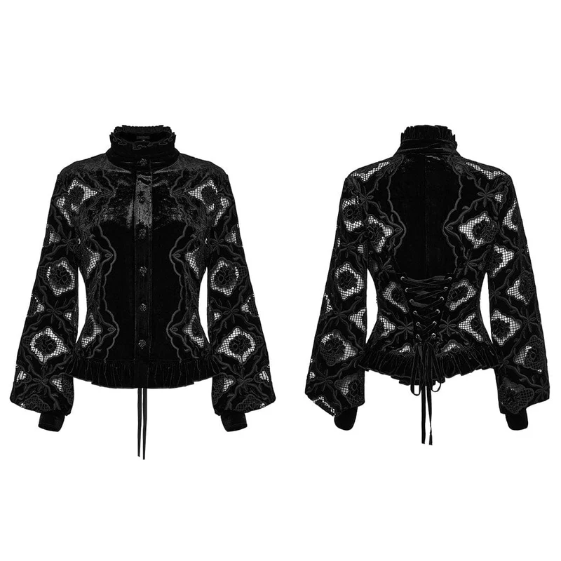Gothic-Blumen-besticktes Rüschen-Samthemd für Damen in Schwarz