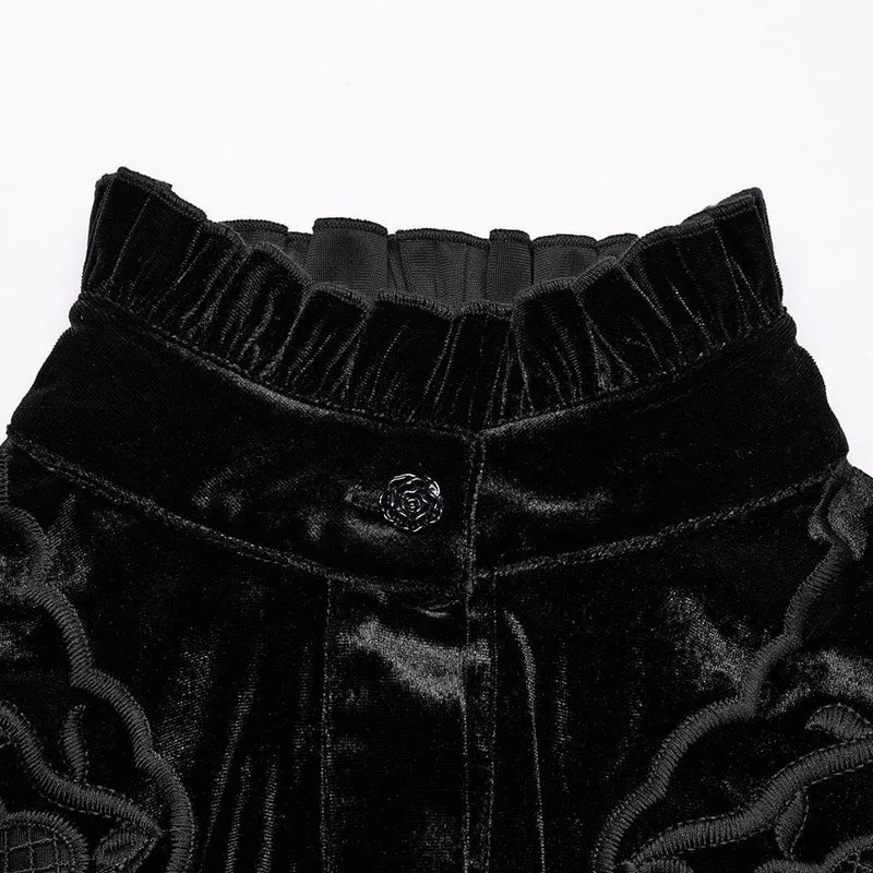 Gothic-Blumen-besticktes Rüschen-Samthemd für Damen in Schwarz