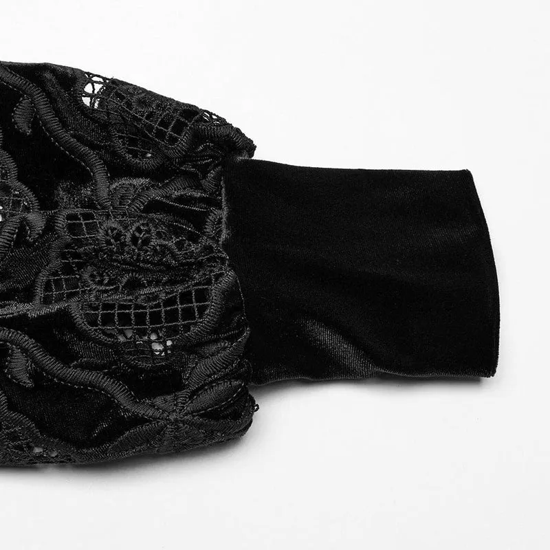 Gothic-Blumen-besticktes Rüschen-Samthemd für Damen in Schwarz