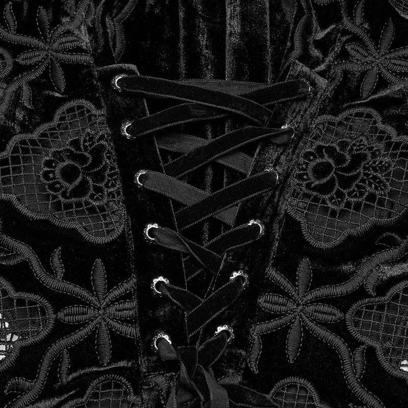 Gothic-Blumen-besticktes Rüschen-Samthemd für Damen in Schwarz