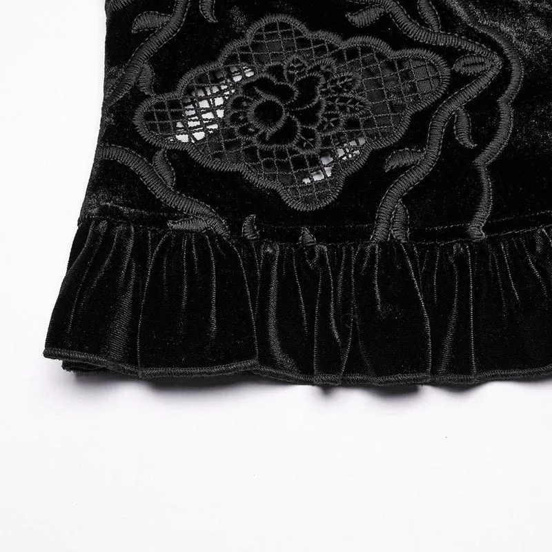Gothic-Blumen-besticktes Rüschen-Samthemd für Damen in Schwarz