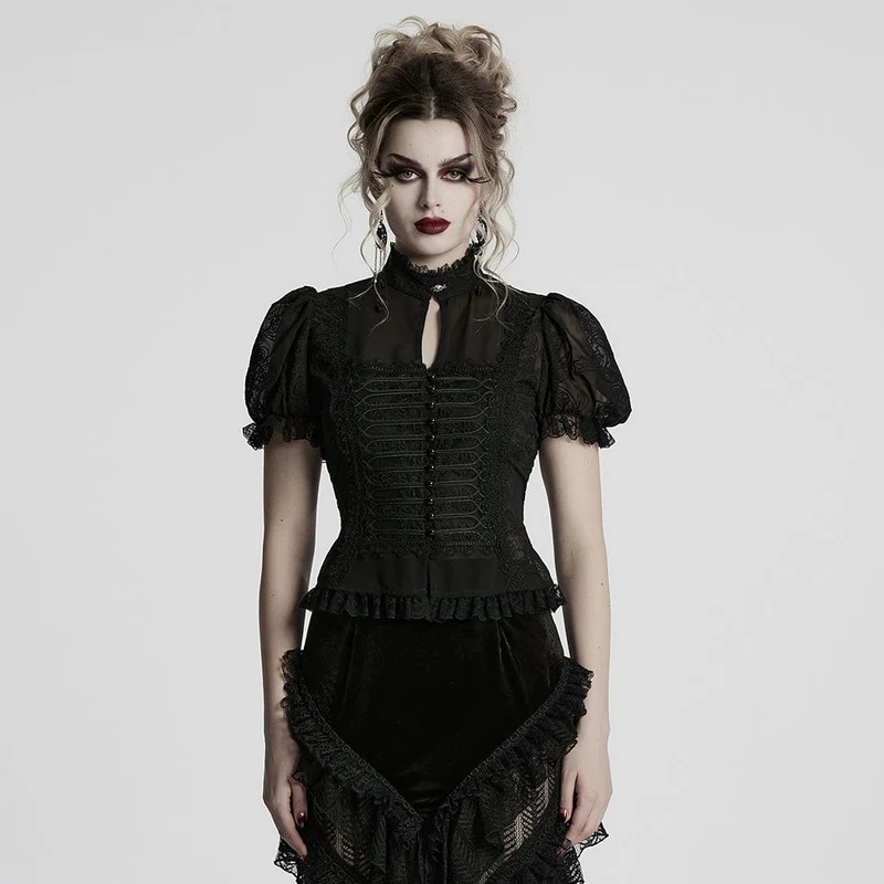 Gothic Chiffon-Hemd mit Puffärmeln und Spitzenspleiß für Damen