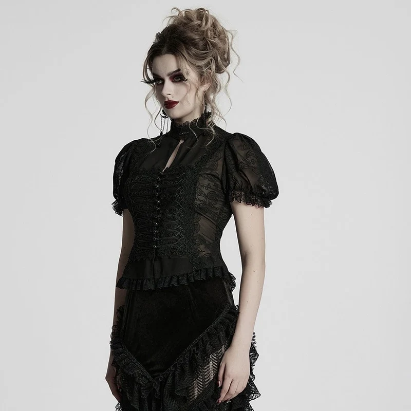 Gothic Chiffon-Hemd mit Puffärmeln und Spitzenspleiß für Damen