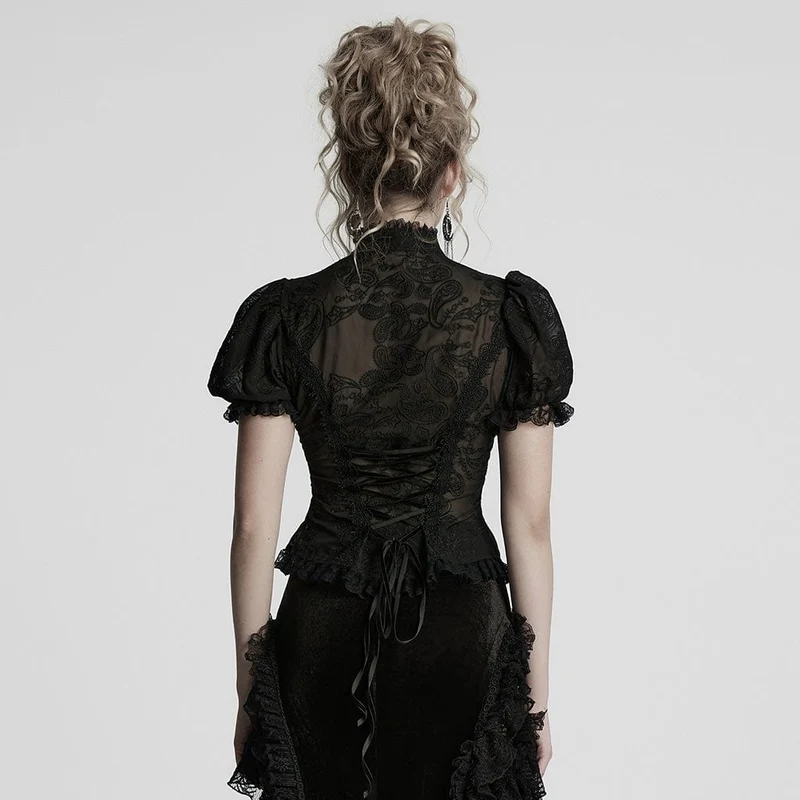 Gothic Chiffon-Hemd mit Puffärmeln und Spitzenspleiß für Damen