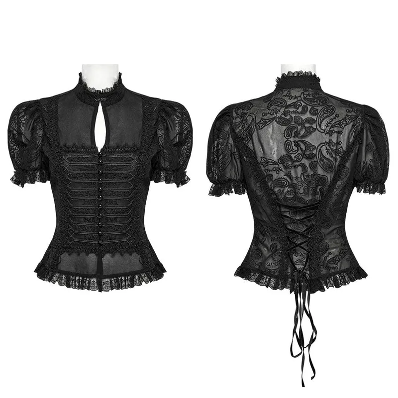Gothic Chiffon-Hemd mit Puffärmeln und Spitzenspleiß für Damen