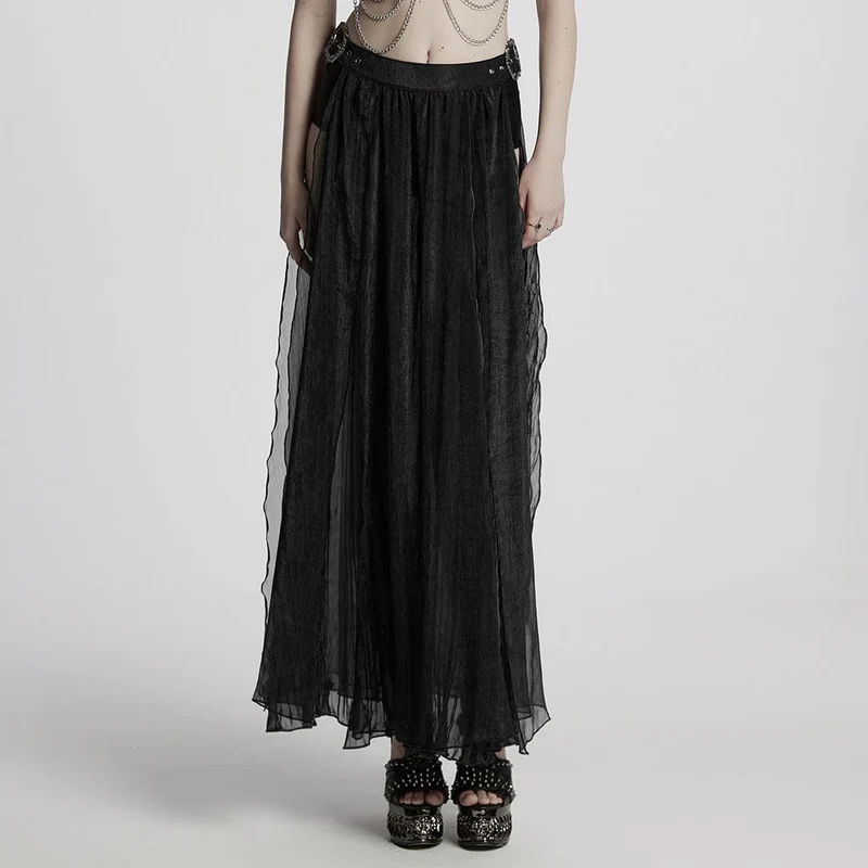 Damen Gothic Schnalle Split Chiffon Rock Schwarz