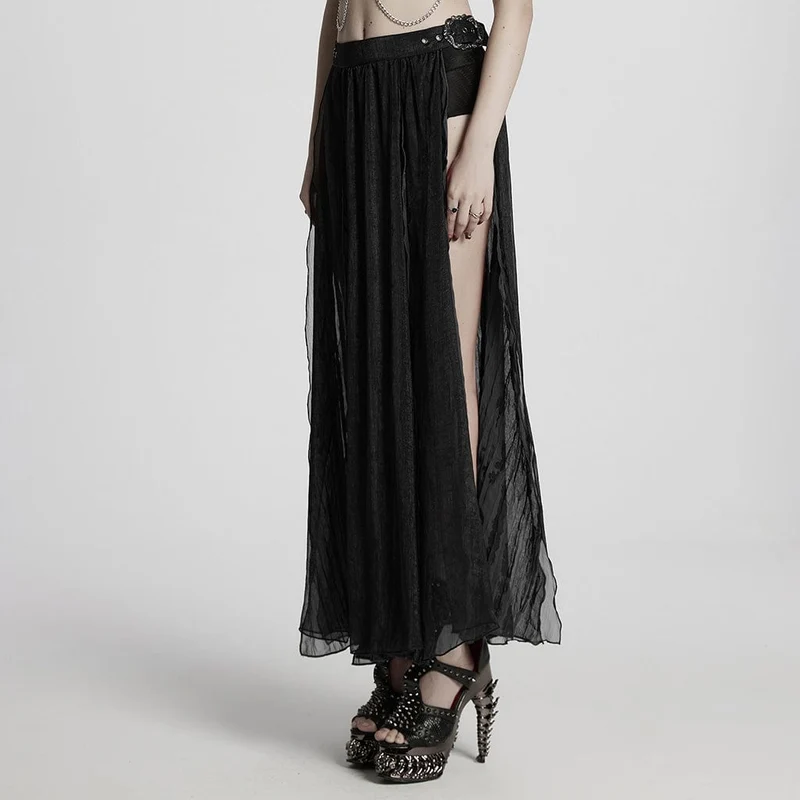 Damen Gothic Schnalle Split Chiffon Rock Schwarz