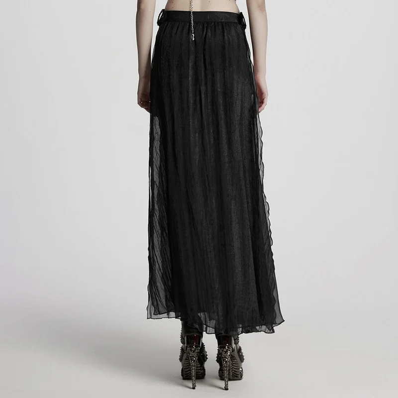 Damen Gothic Schnalle Split Chiffon Rock Schwarz