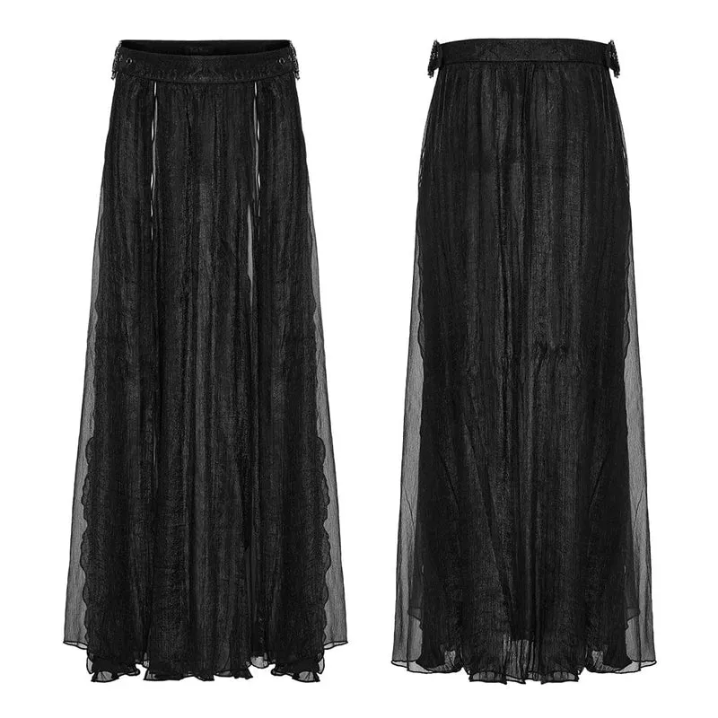 Damen Gothic Schnalle Split Chiffon Rock Schwarz