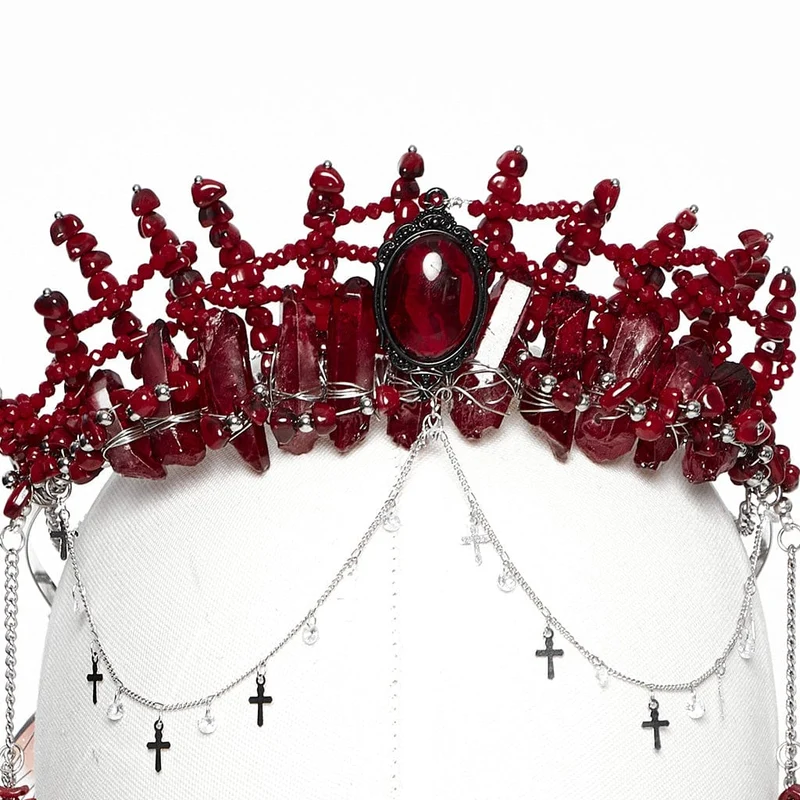 Gothic-Kopfbedeckung mit unregelmäßigem Kristallkreuz für Damen, Rot