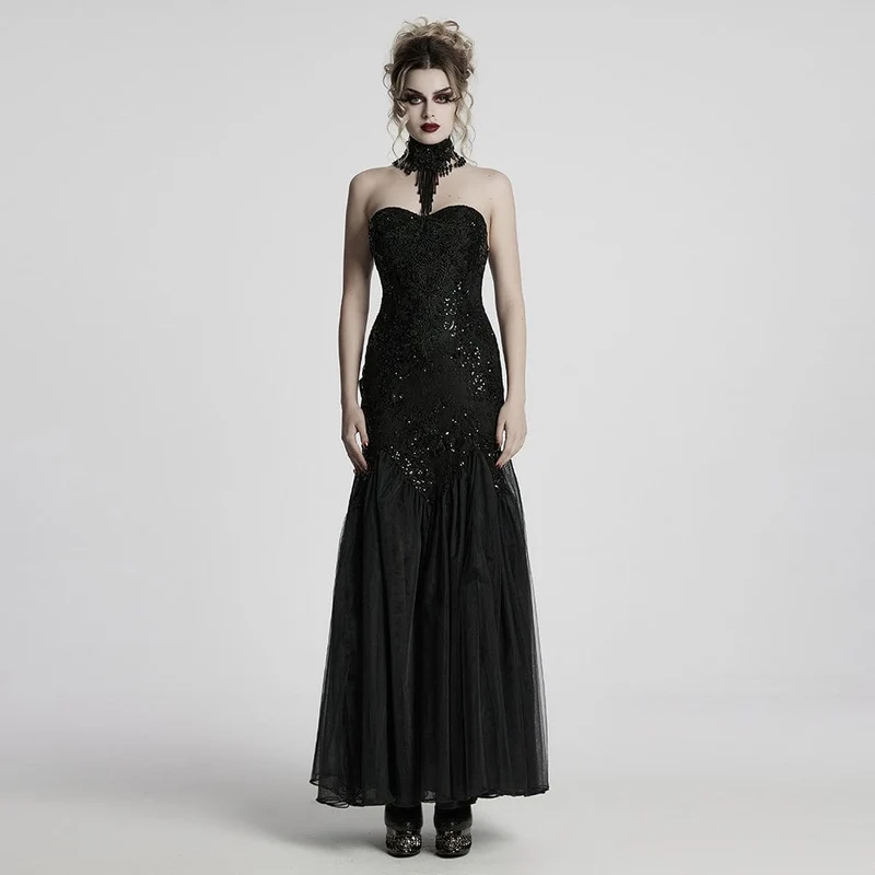 Gothic-Brautkleid für Damen mit Blumenstickerei, Pailletten und Meerjungfrauenschnitt