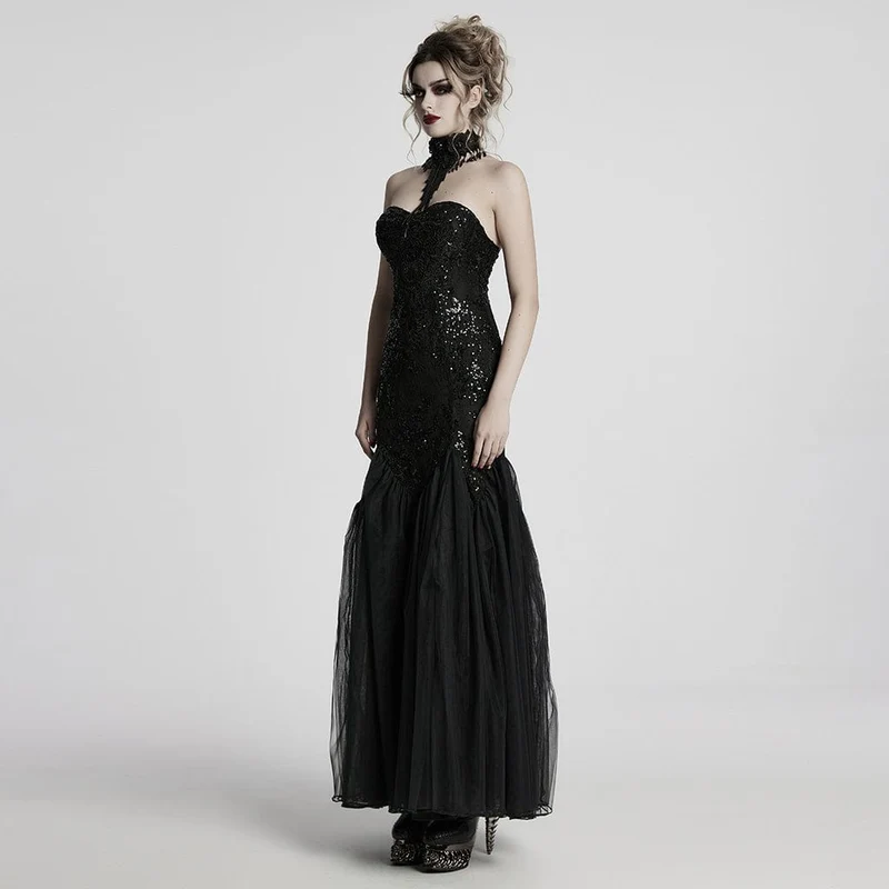 Gothic-Brautkleid für Damen mit Blumenstickerei, Pailletten und Meerjungfrauenschnitt