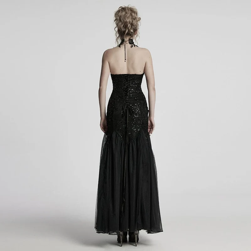 Gothic-Brautkleid für Damen mit Blumenstickerei, Pailletten und Meerjungfrauenschnitt