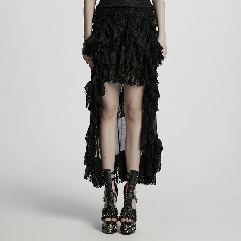 Steampunk-Rock mit Spitzensaum und Kordelzug für Damen, Schwarz