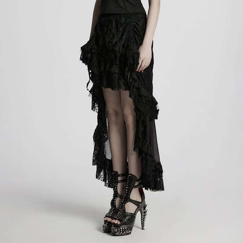Steampunk-Rock mit Spitzensaum und Kordelzug für Damen, Schwarz