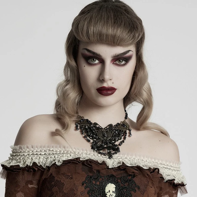 Steampunk-Halskette mit unregelmäßigen Perlen und Schmetterlingen für Damen, Schwarz