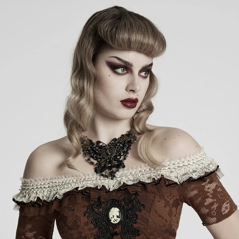Steampunk-Halskette mit unregelmäßigen Perlen und Schmetterlingen für Damen, Schwarz