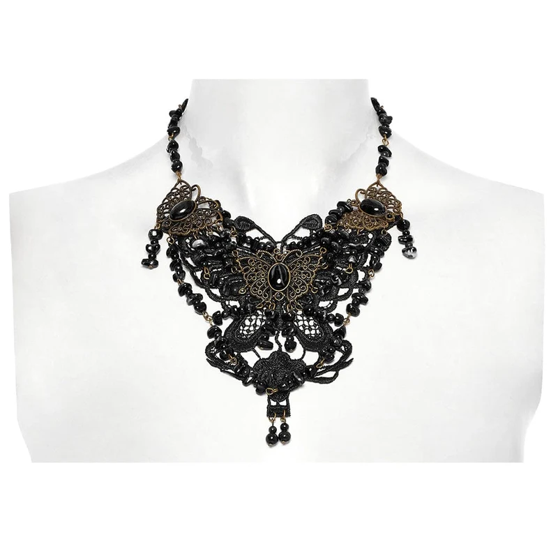 Steampunk-Halskette mit unregelmäßigen Perlen und Schmetterlingen für Damen, Schwarz