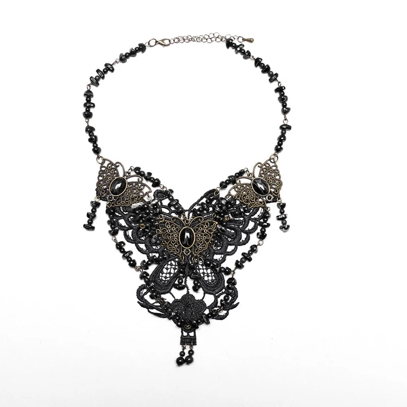Steampunk-Halskette mit unregelmäßigen Perlen und Schmetterlingen für Damen, Schwarz