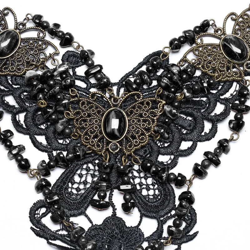 Steampunk-Halskette mit unregelmäßigen Perlen und Schmetterlingen für Damen, Schwarz