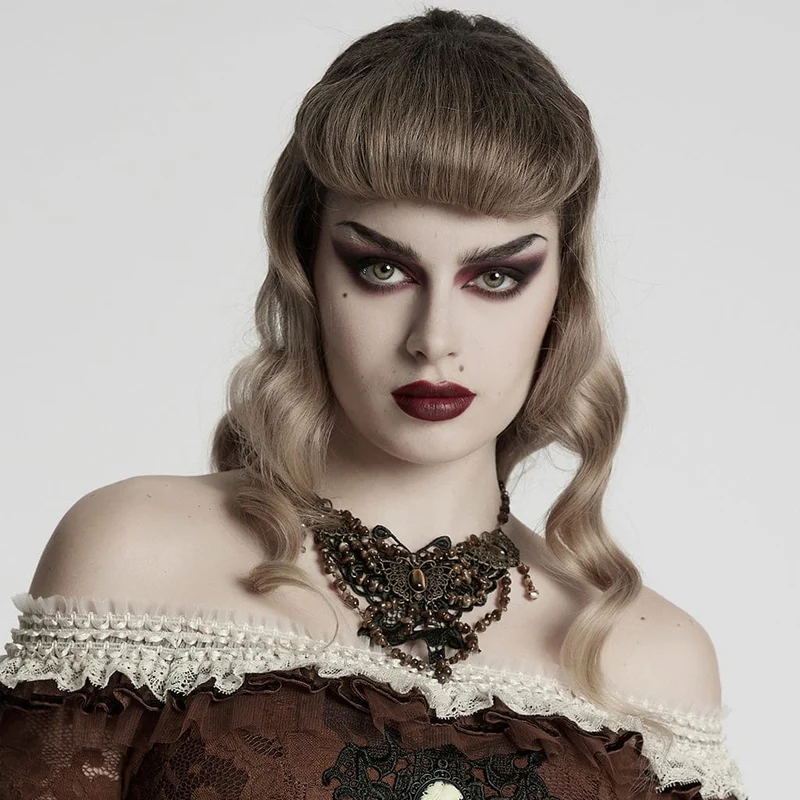 Steampunk-Halskette mit unregelmäßigen Perlen und Schmetterlingen für Damen, Bernstein