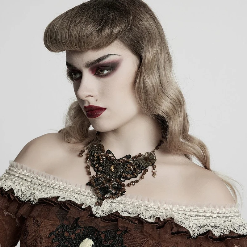 Steampunk-Halskette mit unregelmäßigen Perlen und Schmetterlingen für Damen, Bernstein