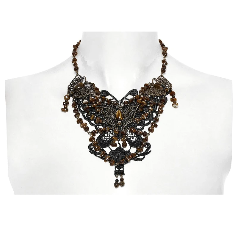 Steampunk-Halskette mit unregelmäßigen Perlen und Schmetterlingen für Damen, Bernstein