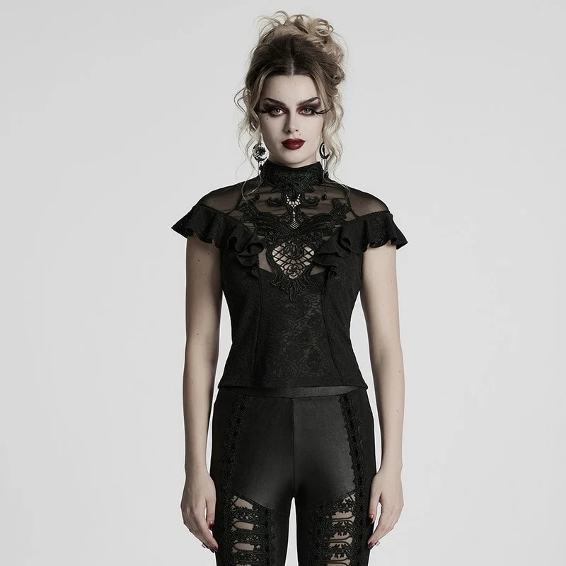 Gothic-Spitzenhemd mit Stehkragen und Rüschen für Damen