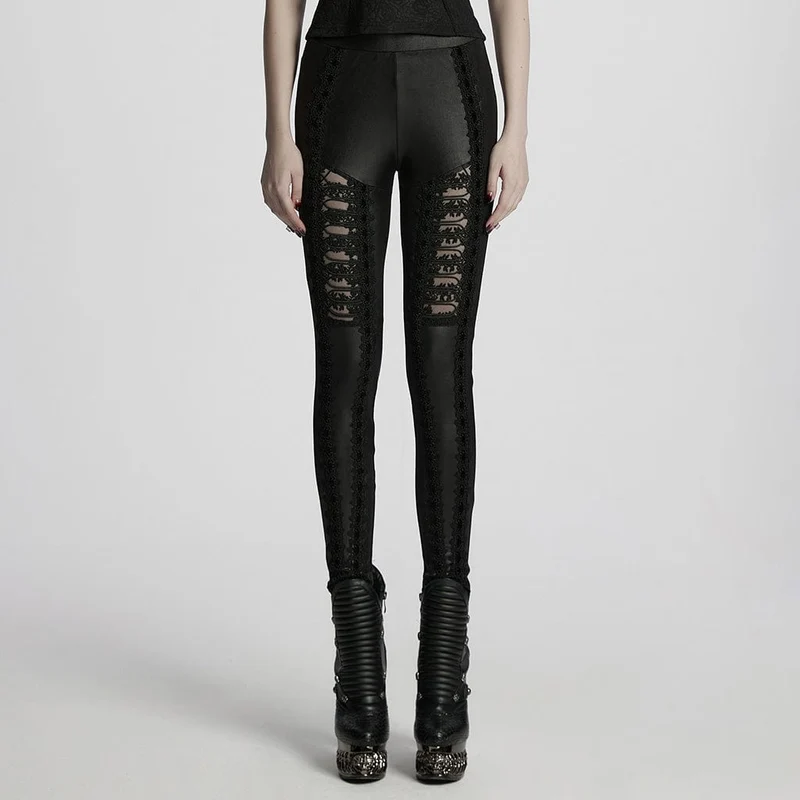 Gothic-Leggings mit Blumenstickerei für Damen