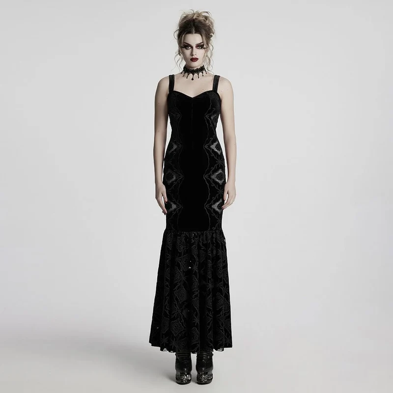 Schwarzes, gotisches Samtkleid mit Blumenstickerei und Meerjungfrauenschnitt für Damen – Hochzeitskleid