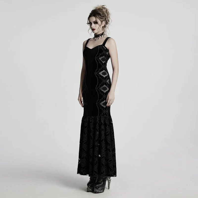 Schwarzes, gotisches Samtkleid mit Blumenstickerei und Meerjungfrauenschnitt für Damen – Hochzeitskleid