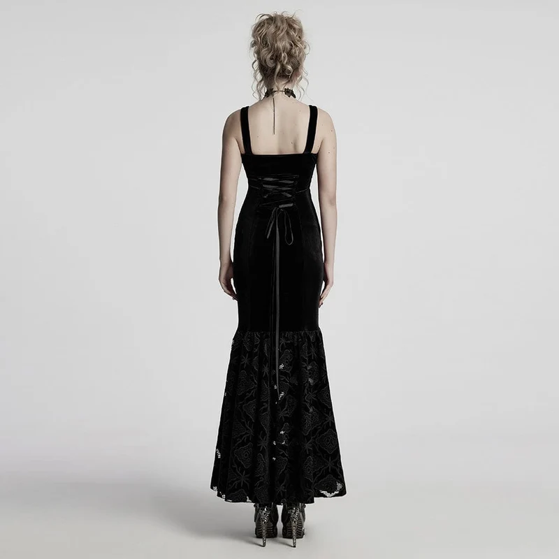 Schwarzes, gotisches Samtkleid mit Blumenstickerei und Meerjungfrauenschnitt für Damen – Hochzeitskleid