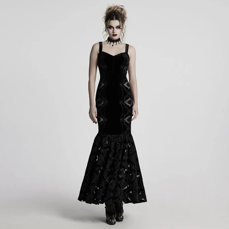 Schwarzes, gotisches Samtkleid mit Blumenstickerei und Meerjungfrauenschnitt für Damen – Hochzeitskleid