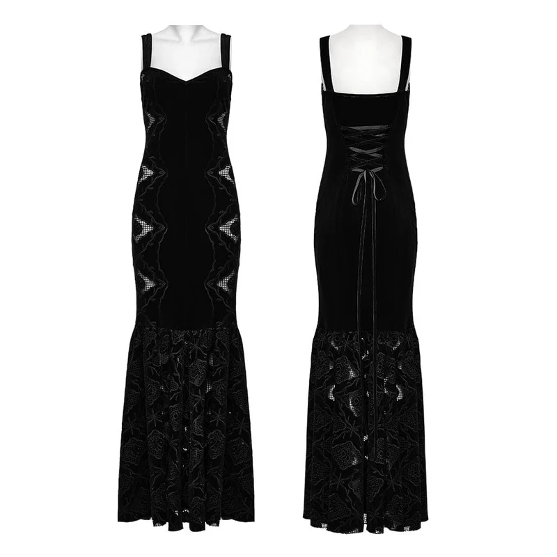 Schwarzes, gotisches Samtkleid mit Blumenstickerei und Meerjungfrauenschnitt für Damen – Hochzeitskleid
