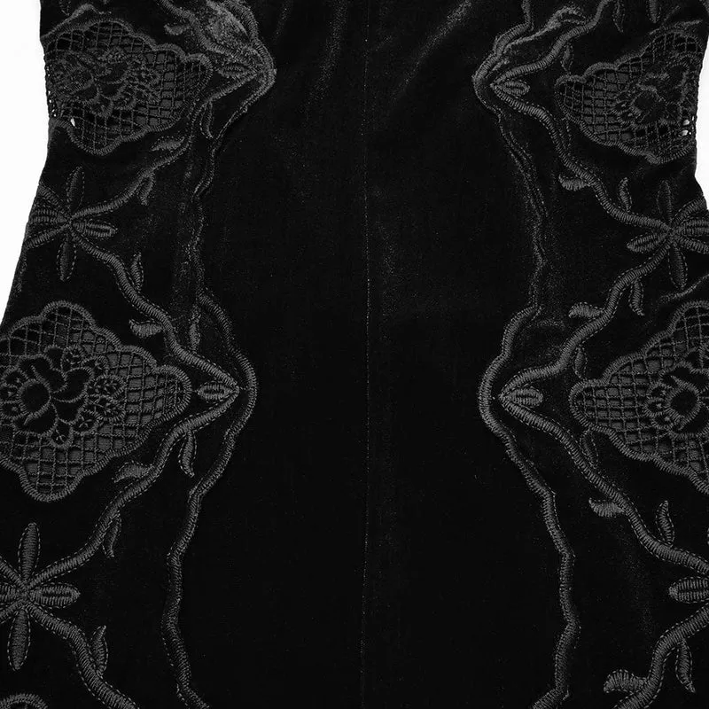 Schwarzes, gotisches Samtkleid mit Blumenstickerei und Meerjungfrauenschnitt für Damen – Hochzeitskleid