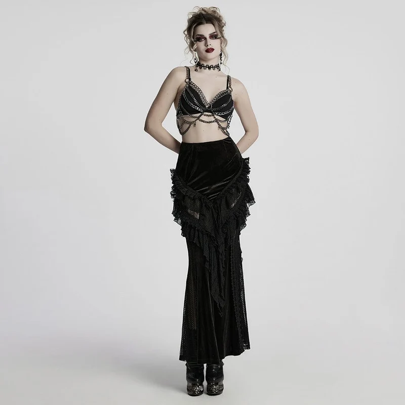 Gothic-Rock aus Samt mit Rüschen und Spitze im Fischschwanz-Stil für Damen