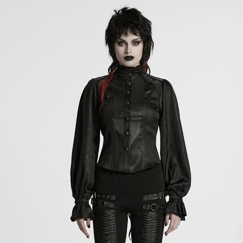 Gothic-Hemd mit Rüschen, Stehkragen und Puffärmeln für Damen