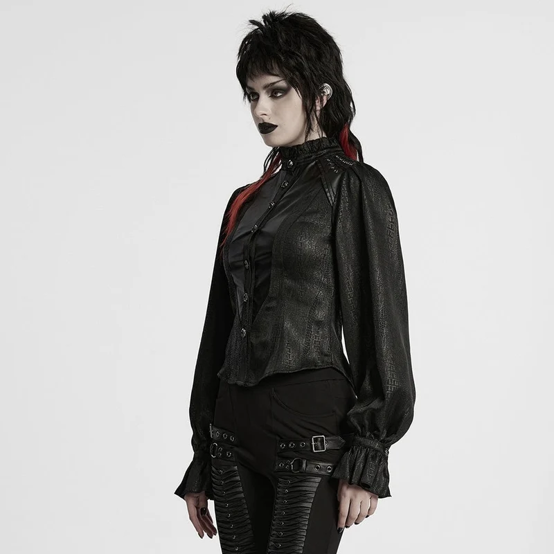 Gothic-Hemd mit Rüschen, Stehkragen und Puffärmeln für Damen