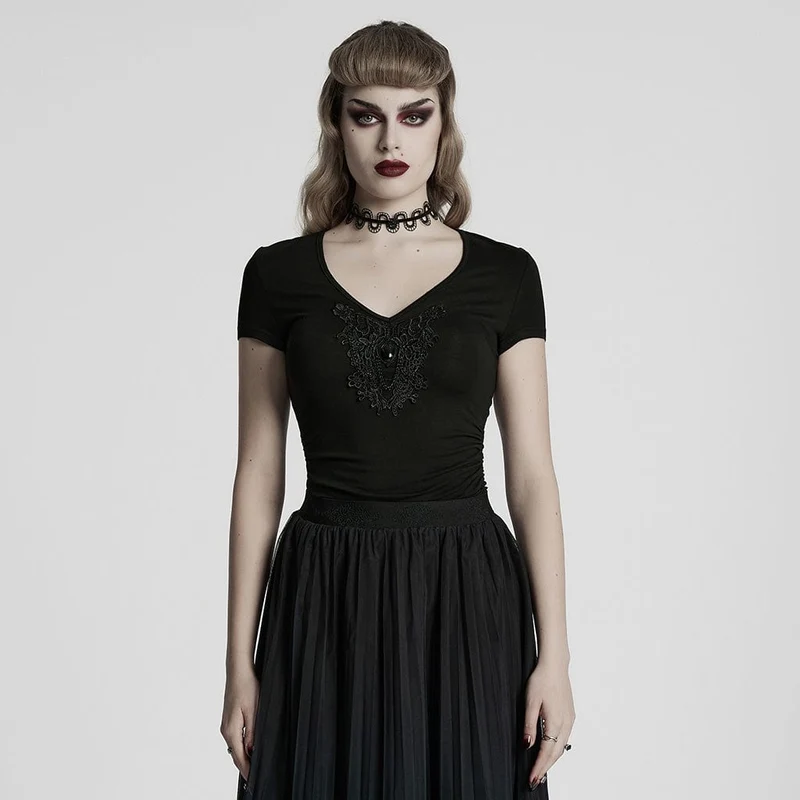 Gothic-T-Shirt mit tiefem Ausschnitt und Blumenstickerei für Damen
