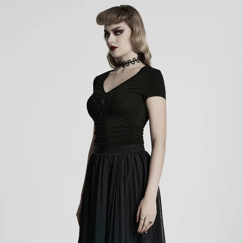 Gothic-T-Shirt mit tiefem Ausschnitt und Blumenstickerei für Damen
