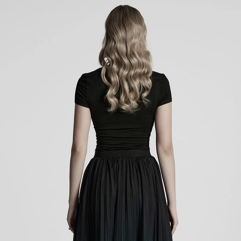 Gothic-T-Shirt mit tiefem Ausschnitt und Blumenstickerei für Damen