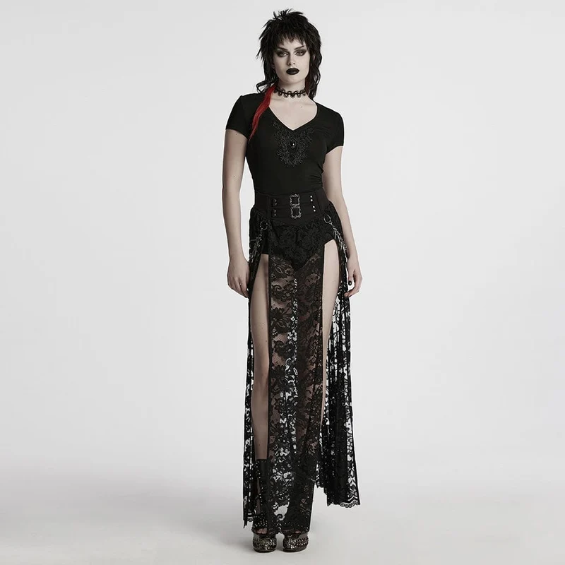 Gothic-T-Shirt mit tiefem Ausschnitt und Blumenstickerei für Damen