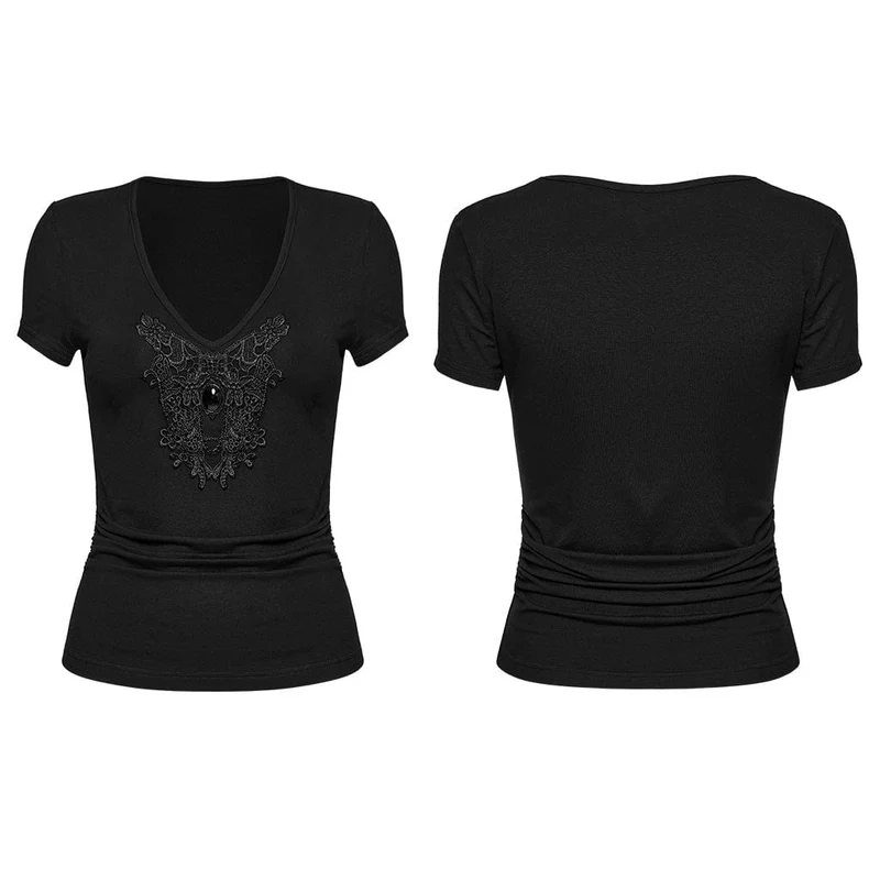Gothic-T-Shirt mit tiefem Ausschnitt und Blumenstickerei für Damen