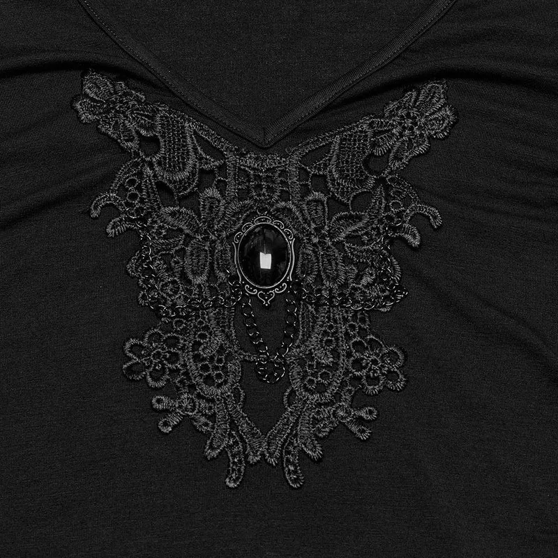 Gothic-T-Shirt mit tiefem Ausschnitt und Blumenstickerei für Damen