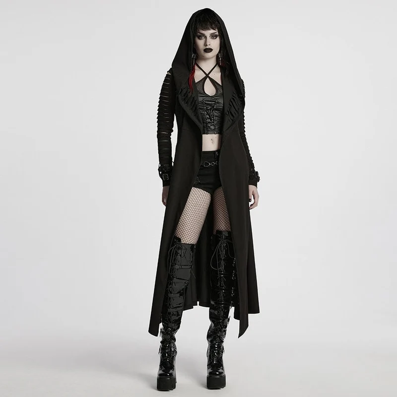 Damen Punk Buckle Ripped Coat mit Kapuze