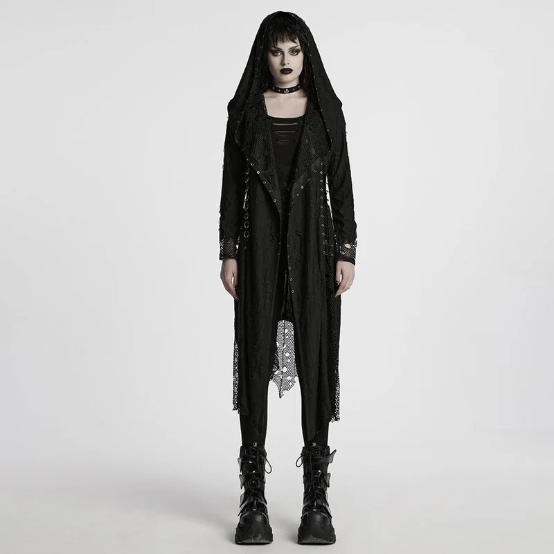 Gothic-Mantel aus zerrissenem Netzgewebe mit Kapuze für Damen