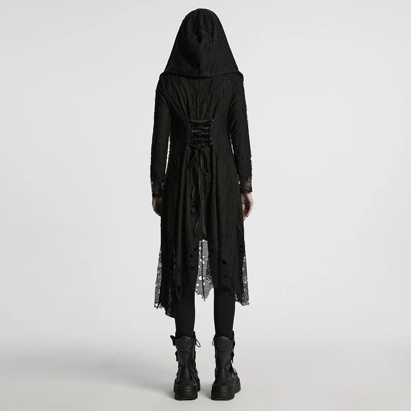 Gothic-Mantel aus zerrissenem Netzgewebe mit Kapuze für Damen