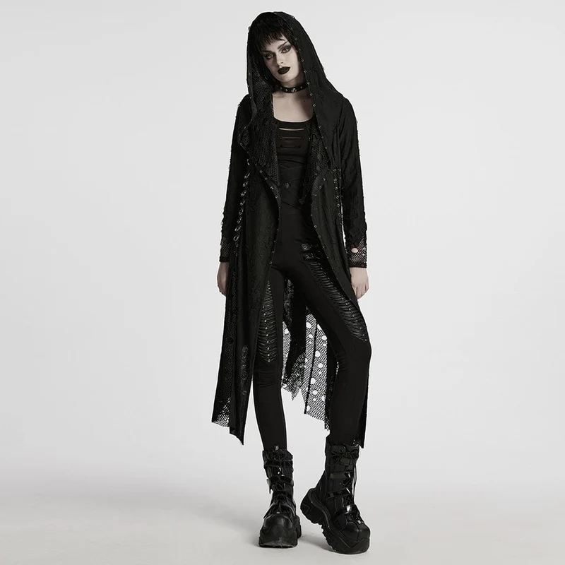 Gothic-Mantel aus zerrissenem Netzgewebe mit Kapuze für Damen