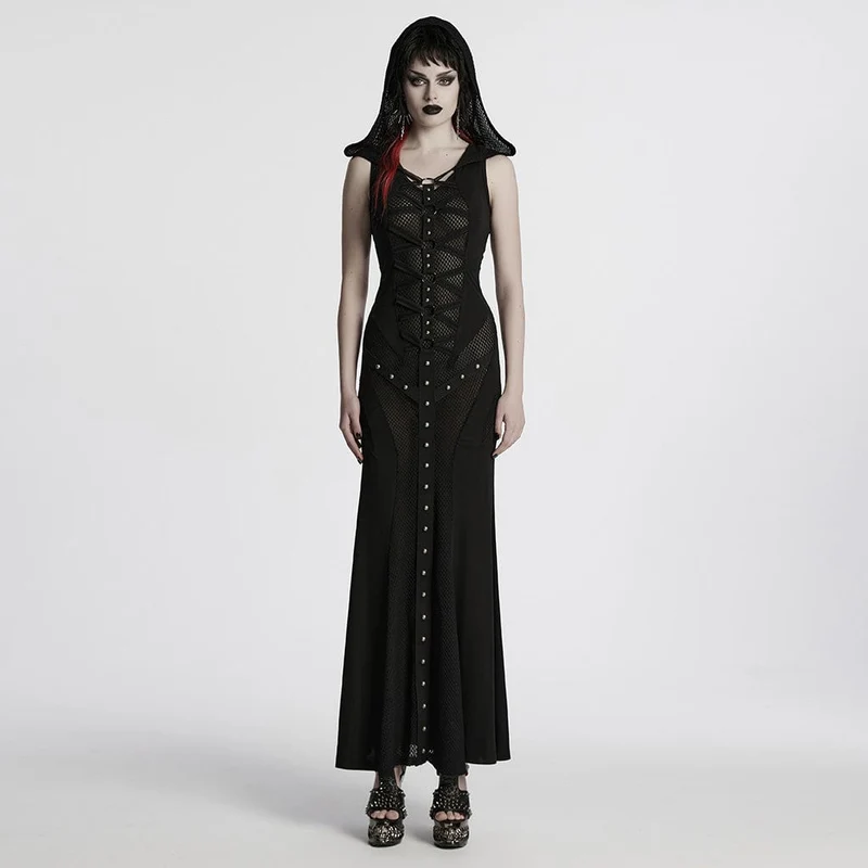 Damen Punk Strap Mesh Splice Transparentes Kleid mit Kapuze