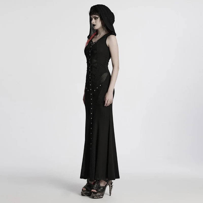 Damen Punk Strap Mesh Splice Transparentes Kleid mit Kapuze